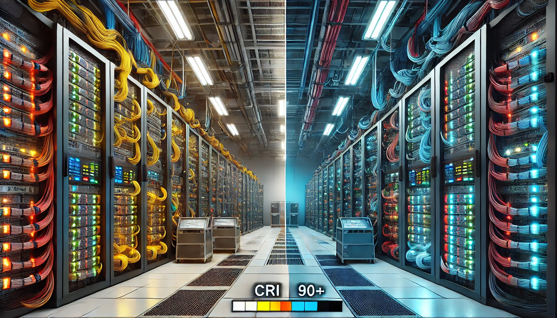 Split image showing the difference in color rendering under different Color Rendering Index (CRI) conditions in a data center. On the