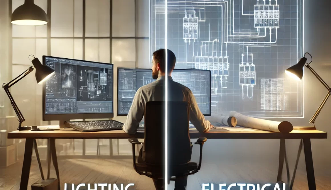 A realistic split-screen image depicting the working states of a Lighting Designer on the left and an Electrical Engineer on the right