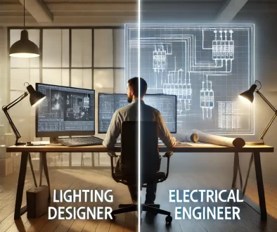 A realistic split-screen image depicting the working states of a Lighting Designer on the left and an Electrical Engineer on the right