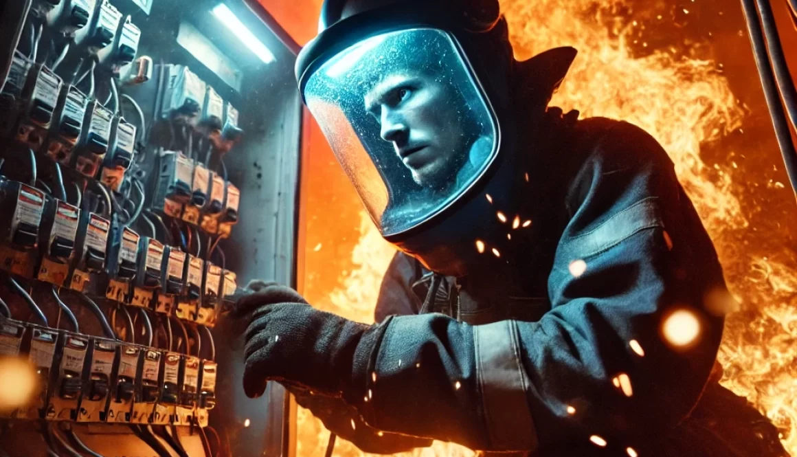 An intense scene featuring an electrical engineer surrounded by fire