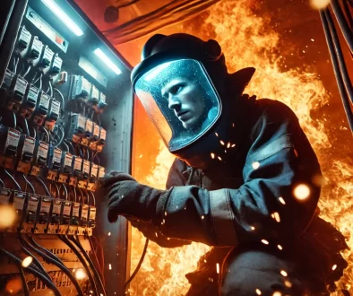 An intense scene featuring an electrical engineer surrounded by fire